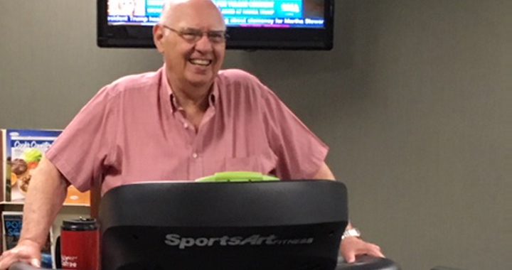 Lew Campbell walks on a treadmill as part of his cardiac rehabilitation