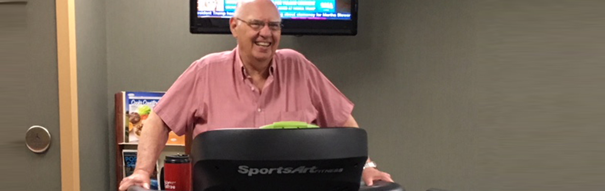 Lew Campbell walks on a treadmill as part of his cardiac rehabilitation