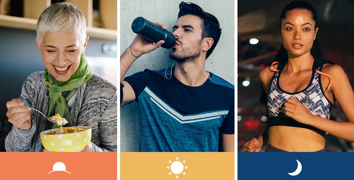 An older woman eats cereal out of a yellow bowl, a man in a t shirt drinks out of a black water bottle and a young woman jogs at night