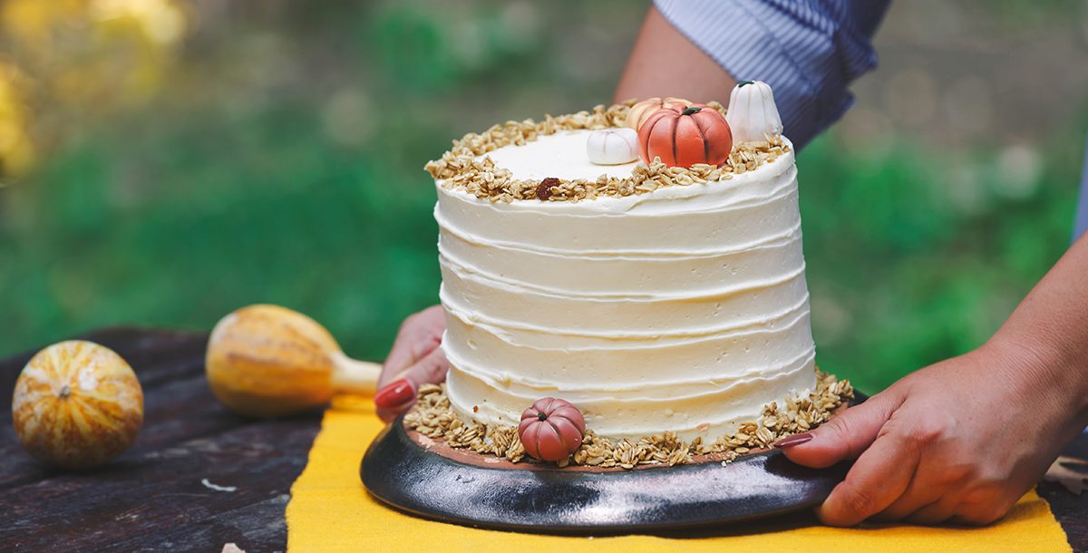 A pumpkin cake on a table