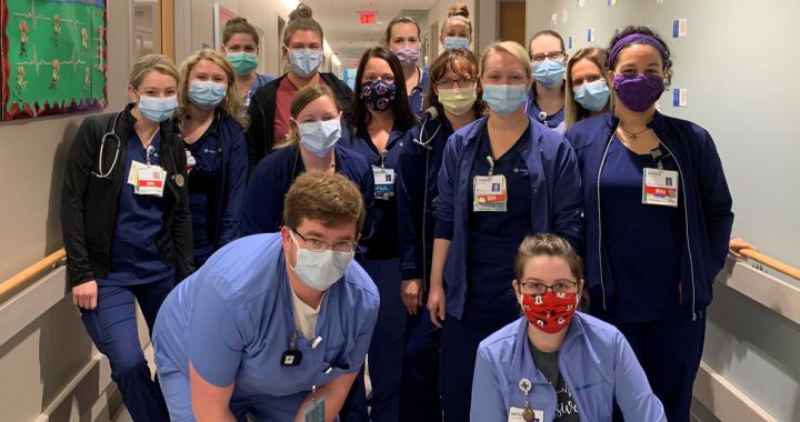 Group photo of Anderson Hospital nurses with masks on their unit during COVID-19