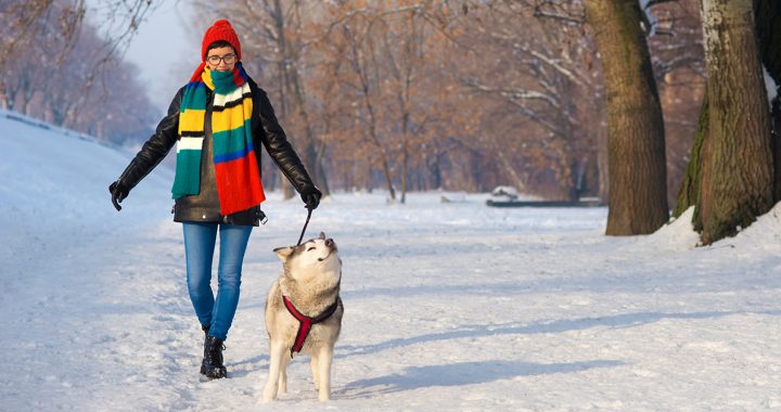 A woman walking her dog outside.