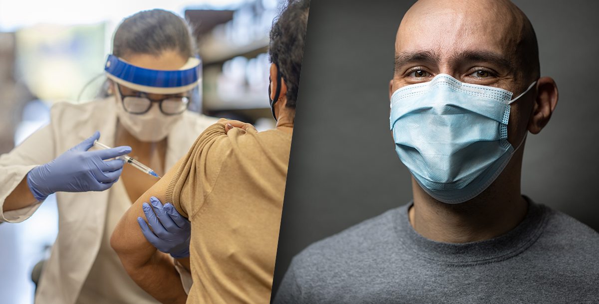 A person getting their COVID-19 vaccine and wearing a face mask.