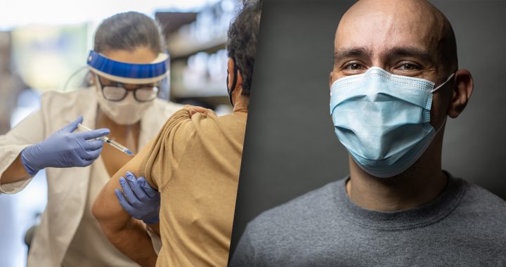 A person getting their COVID-19 vaccine and wearing a face mask.